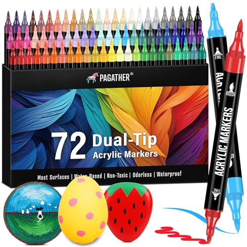 Pagather 72 Colors Acrylic Paint Markers, Dual Tip with Fine Tip and Brush Tip Pens for Stone, Wood, Calligraphy, Canvas, Ceramic, Metal, Glass, Rock Painting, DIY Crafts - color: 72 Colors
