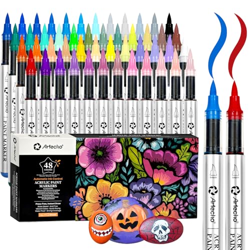 Artecho Automatic Ink Control Acrylic Paint Markers 48 Colors Brush Tip, for Stone, Rock Painting, Paper, Pumpkin, Wood, Egg, Canvas, Ceramic, Fabric, leather, Glass, DIY Crafts - color: 48 Colors Automatic Ink Control