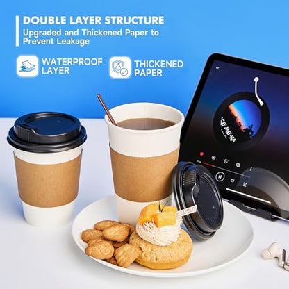 RACETOP 16 oz 100 Pack Disposable Paper Coffee Cups with Lids, Sleeves and Stirrers, Hot Cups, Paper Cups with Lids, Sleeves and Stirrers, Ideal for Home/Office - size: 16 oz