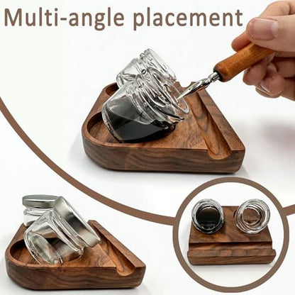 Wooden Tilting Calligraphy Pen Holder with 2 Glass Ink Bottle Container, Calligraphy Oblique Nib Holder Stand Base Set, Non-Slip Base Ink Bottle Holder for Dip Pen, Desktop Table Decoration