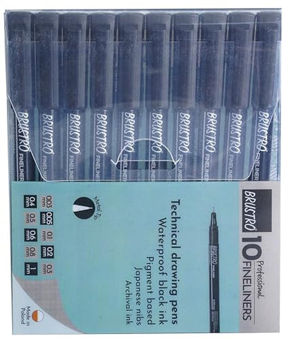 BRUSTRO Professional Pigment Based Fineliner - Set of 10 Colour - Black
