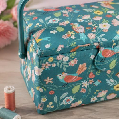 Hobby Gift Medium Sewing Box Organiser, Fabric Covered Storage Box with Handle, Internal Tray, Pin Cushion and Pocket for Sewing, Quilting and Knitting Supplies - color: Birds