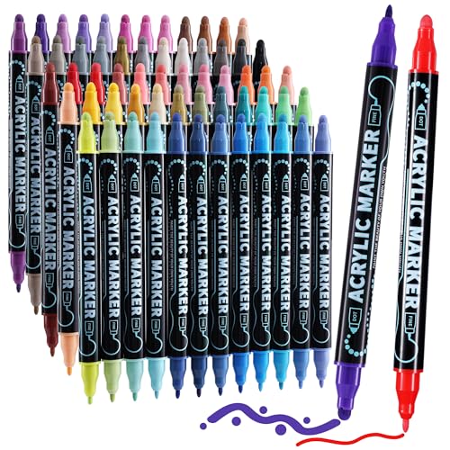 60 Colors Dual Tip Acrylic Paint Markers, Premium Dot & Fine Tip Coloring Paint Pens for Rock, Wood, Fabric, Canvas, Glass, Paper, Ceramic, Scrapbook, Vision Board and DIY Crafts Supplies Art Gifts - style: 60 Colors