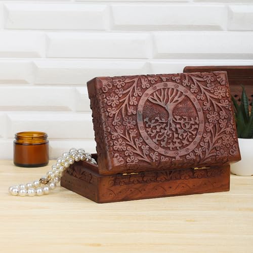 Ajuny Hand Carved Wooden Keepsake Box, Tree of Life Jewelry Box for Women | Acacia wood memory & trinket box, red velvet lined, 8x5 in. Decorative keepsake gift box for jewelry, watches, treasures