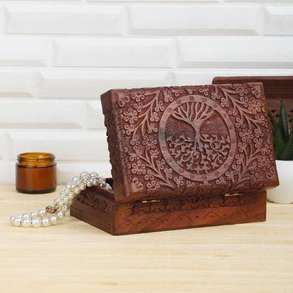 Ajuny Hand Carved Wooden Keepsake Box, Tree of Life Jewelry Box for Women | Acacia wood memory & trinket box, red velvet lined, 8x5 in. Decorative keepsake gift box for jewelry, watches, treasures