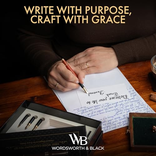 Wordsworth & Black Calligraphy Pen Gift Set, Includes Ink Bottle, 6 Cartridges, Refill Converter, 6 Replacement Nibs, Luxury Bamboo, Journaling, Smooth Writing Pens [Rosewood] - color: Rosewood
