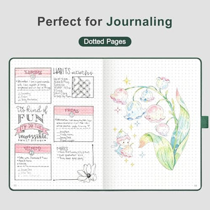 AHGXG Dotted Journal Notebook, 160 Numbered Pages, A5 Medium Size (5.7'' x 8.3''), 120 GSM Thick Paper, Leather Hardcover, for Journaling, Planning, Tracking (Dark Green) - color: Dark Green, style: Dotted