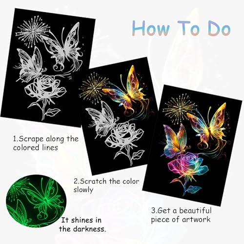 Scratch Art Paper for Adults, 8 Sheets 11.2 x 8.2 inches,Rainbow Scratch Art DIY Craft Gift 5 Paint by Scratch Tools （ Butterfly & Peacock） - style: Butterfly & Peacock