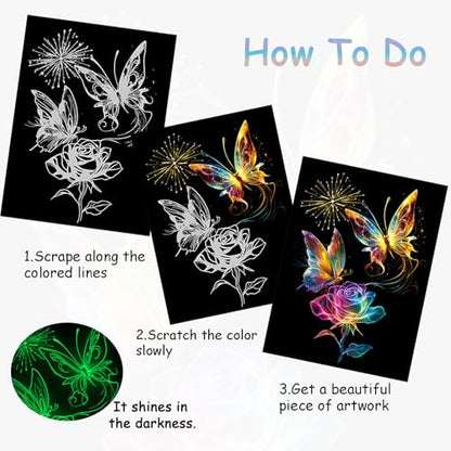Scratch Art Paper for Adults, 8 Sheets 11.2 x 8.2 inches,Rainbow Scratch Art DIY Craft Gift 5 Paint by Scratch Tools （ Butterfly & Peacock） - style: Butterfly & Peacock