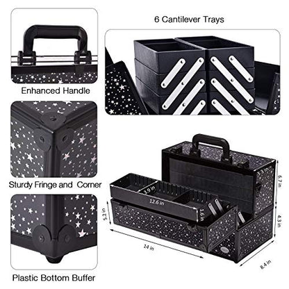 Makeup Case 6 Trays Large 14" x 8.5" x 11" Train Cases Cosmetic Organizer Storage Box by Joligrace - Star Pattern - color: Black Star