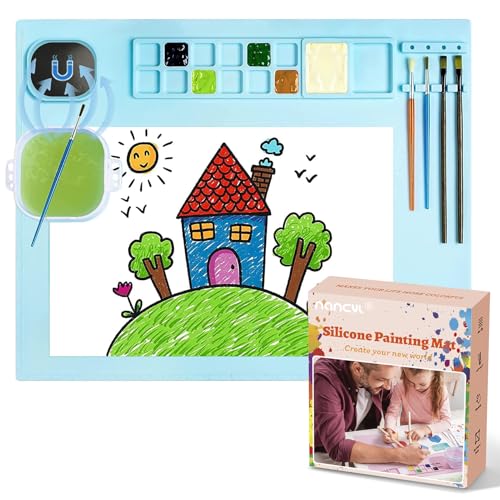 Silicone Art Mat with Cup, Painting Mat for Crafts Resin Casting, Artist Mat with Pen Holders for Kids Gift, Clay, DIY Creations and Play Doh, Christmas Gift for Kids (Blue) - color: Blue