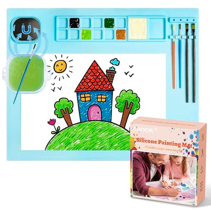Silicone Art Mat with Cup, Painting Mat for Crafts Resin Casting, Artist Mat with Pen Holders for Kids Gift, Clay, DIY Creations and Play Doh, Christmas Gift for Kids (Blue) - color: Blue