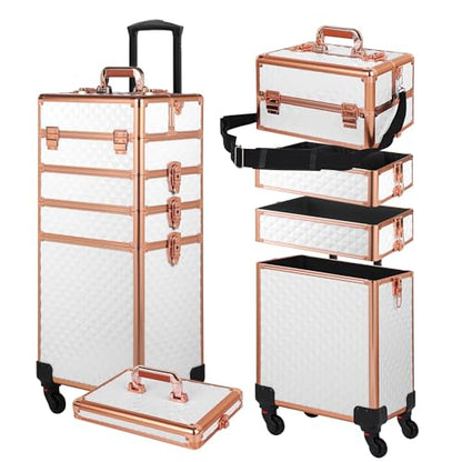 Somduy Rolling Makeup Case, Makeup Train Case with Lid, 5 in 1 Cosmetology Case on Wheels, Christmas Gift, Large Makeup Organizers, Profesional Cosmetic Case for Salon Barber, White Gold - color: White Gold