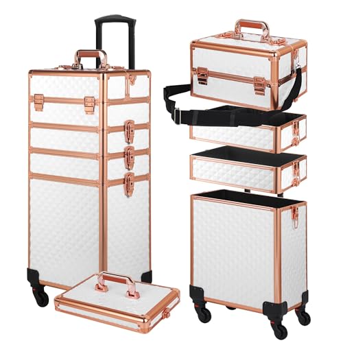 Somduy Rolling Makeup Case, Makeup Train Case with Lid, 5 in 1 Cosmetology Case on Wheels, Christmas Gift, Large Makeup Organizers, Profesional Cosmetic Case for Salon Barber, White Gold - color: White Gold