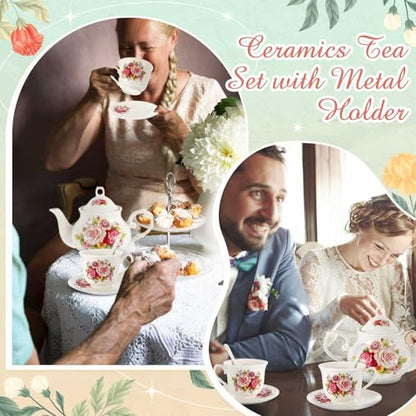 Zhehao 20 Pcs Porcelain Tea Set with Metal Holder and Spoon Adult Ceramic Tea Set European Flower Painting Teapot Cup Saucer Spoon for Women Mom Gift, Large Version (Modern Style) - color: Modern Style