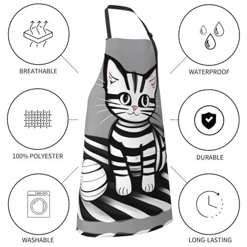 Round watercolor painting Heavy Duty Waterproof Apron with Pockets for AdultsResistant Grilling, Gardening, Painting - color: Play Ball Kitty