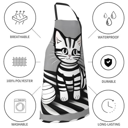 Round watercolor painting Heavy Duty Waterproof Apron with Pockets for AdultsResistant Grilling, Gardening, Painting - color: Play Ball Kitty
