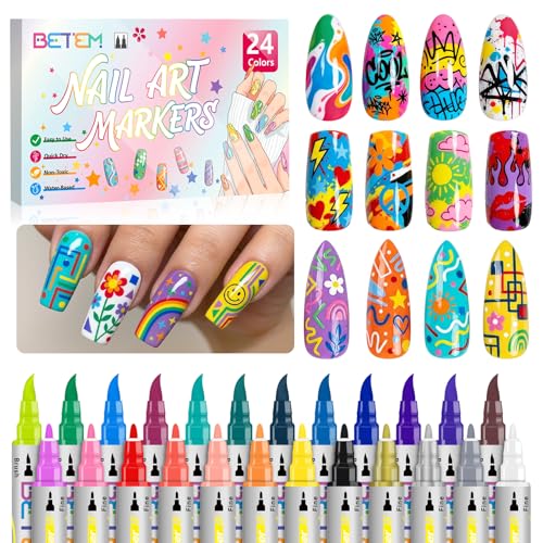 Betem Nail Art Pens Set, Dual Tip 24 Colors Nails Art Markers Non-Toxic, Quick-drying Nail Polish Pens, Acrylic Nail Kit for Home & Salon DIY, Easy French Manicure Tool, Gifts for Mom, Friends - color: 24 Colors