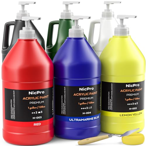 Nicpro 6 Colors Large Bulk Acrylic Paint Set (128 oz, 1 Gallon) Rich Art Painting Supplies Non Toxic for Multi Surface, Canvas, Wood, Leather, Fabric Stone Craft for Kid & Adult with Pump, Color wheel - color: 128oz 6colors