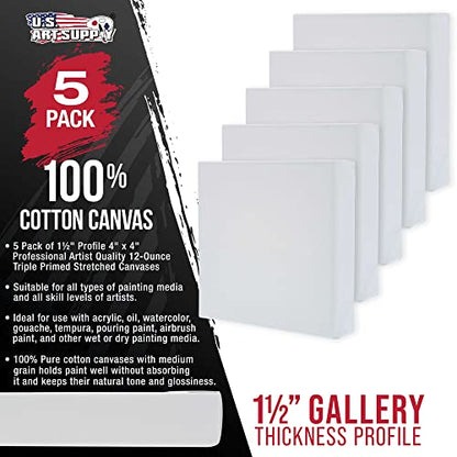 U.S. Art Supply 5-Pack Bulk Stretched Canvas for Painting 4 x 4 inch, Gallery Depth 1-1/2" Profile - 12oz Acrylic Gesso Triple Primed, Professional Artist Quality, 100% Cotton - Oil, Pouring Paint - size: 4" x 4"