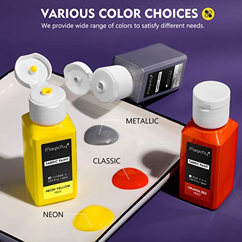 Magicfly Permanent Soft Fabric Paint Set, Set of 14(60ml Each) Textile Paints with 3 Brushes, No Heating Needed & Washable Fabric Paint for Clothes, Canvas, T-Shirts, Jeans, Bags, All DIY Projects