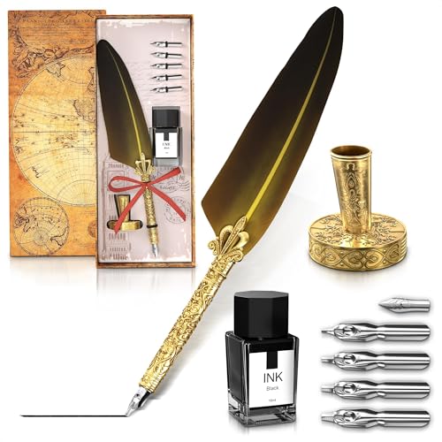 Antique Writing Quill and Ink Set – Stainless Steel Dip Pen Feather Quill Pen and Ink Set with 5 Spare Nibs, Anti-Slip Patterned Grip, Gift-Ready Box with Display Stand – Calligraphy Gift Set (Golden) - color: Gold