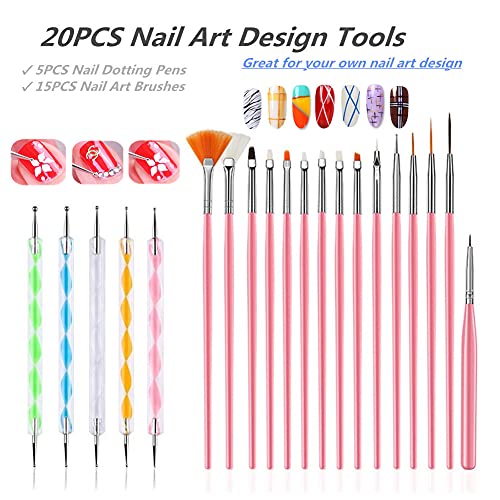 FULINJOY 20PCS Nail Art Design Tools, 15PCS Painting Brushes Set with 5PCS Dotting Pens - color: 20pcs - pink