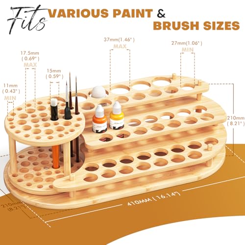 golden maple Bamboo Paint Organizer & Brush Holder 2-in-1, 3-Tier | 42 Paint Bottle Holes, 39 Paint Brush Slots, Desktop Storage Rack, For Miniature Model Painting & Art Crafts
