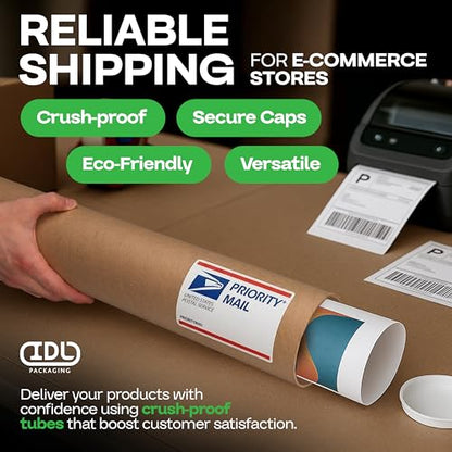 IDL Packaging 4” x 36” Cardboard Mailing Tube, Made in the USA - Reinforced Shipping Cylinder for Posters, Blueprints, Documents & Artwork, with Plastic End Caps - size: 4" x 36"