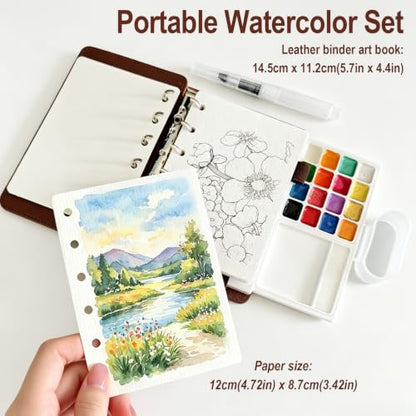 Travel Watercolor Set, 16 Colors Standard (8 Matte & 8 Shimmer), Pocket Paint Set with 30-Sheet 300G Cotton Sketchbook, Detachable Palette, Water Cup & Water Brush, Brown - color: Brown