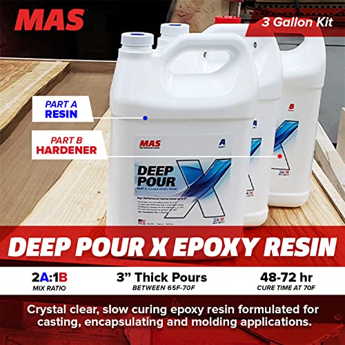 MAS Epoxies Deep Pour X Epoxy Resin Kit, 1.5-Gallon, (1-Gal Resin + 0.5-Gal Harderner) for Casting, Encapsulating, Fill Large Voids, River Tables, Sculptures, Live Edge Wood Tables - size: 3 Gal