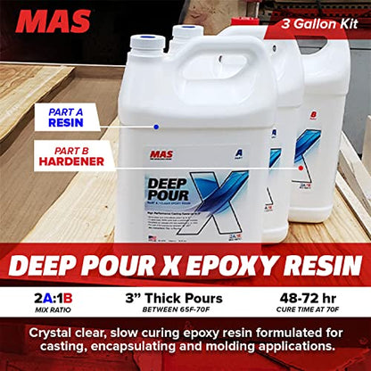 MAS Epoxies Deep Pour X Epoxy Resin Kit, 1.5-Gallon, (1-Gal Resin + 0.5-Gal Harderner) for Casting, Encapsulating, Fill Large Voids, River Tables, Sculptures, Live Edge Wood Tables - size: 3 Gal