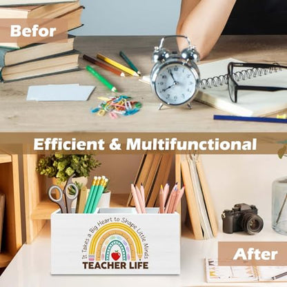 DILSJ Teacher Appreciation Gifts Pencil Holder Organizer for Desk, End of Year Teacher Gifts, It Takes a Big Heart to Shape Little Minds Wooden Box Signs for New Teacher Desk Tabletop School Supplies - color: Rainbow