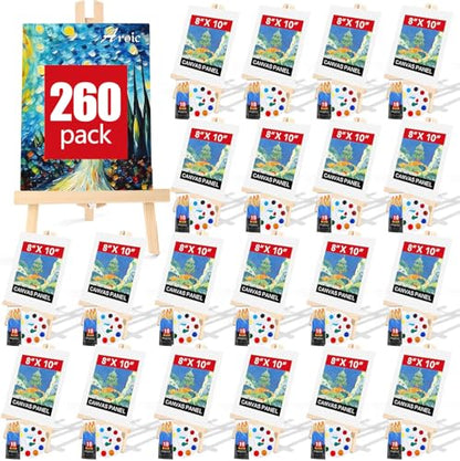 AROIC 260 Pack Easel and Canvas Sets with 20 Wood Easels,200 Brushes,20 Canvas and 20 Palette, Painting Set, Tabletop Easel, Art Easels, Painting Supplies for Kids & Adults to Paint Party - style: 30cm-20sets