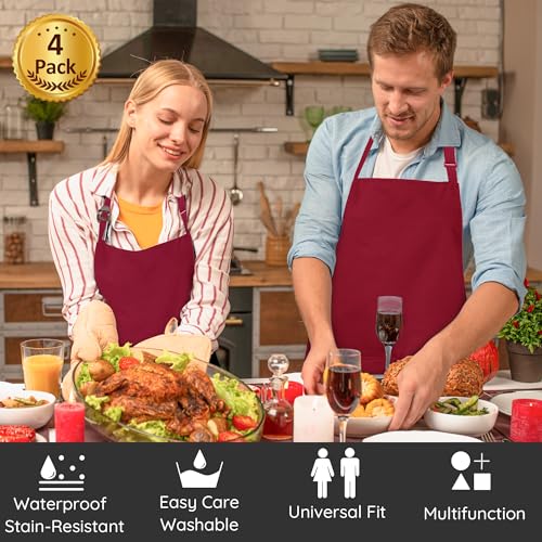 4 Packs Chef Apron, Waterproof Apron, Adjustable Aprons with 2 Pockets for Men Women, Professional Aprons for Kitchen Cooking Gardening Painting Baking Restaurant (Wine) - color: Wine