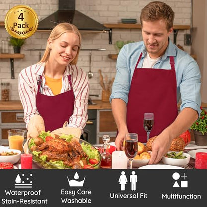 4 Packs Chef Apron, Waterproof Apron, Adjustable Aprons with 2 Pockets for Men Women, Professional Aprons for Kitchen Cooking Gardening Painting Baking Restaurant (Wine) - color: Wine