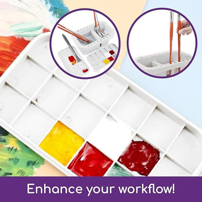 Paint Brush Organizer Kit - Portable Cleaner & Holder with Lid, 18-Well Palette, Multi-Use Rinse Cup for Acrylic, Watercolor, Water-Based Paints - White Plastic Utility Tray