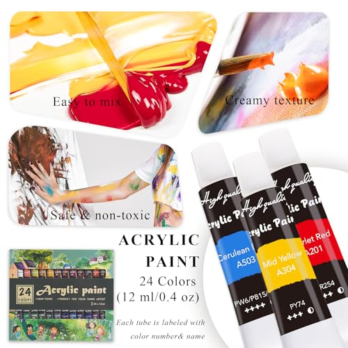 LEYEDZ 41PCS Acrylic Paint Set,Art Kit for Kids Adults Beginners | 24 Acrylic Paints,8 Brushes,5 Canvas Panels,Palette,Cup & Towel,Foldable Adjustable Table Easel for Home School Travel
