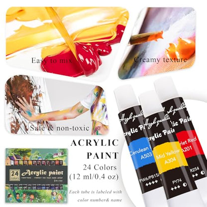 LEYEDZ 41PCS Acrylic Paint Set,Art Kit for Kids Adults Beginners | 24 Acrylic Paints,8 Brushes,5 Canvas Panels,Palette,Cup & Towel,Foldable Adjustable Table Easel for Home School Travel