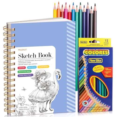 Sketch Book with 12 Color Pencil Set, 90 Sheets Spiral Sketchbook for Drawing (68lb/100gsm), Acid-Free Sketch Pad for Kids Artist, Art Paper Drawing Supplies for Gifts(Blue) - color: Blue, size: 5.5×8.5 Inch (1 Pack)