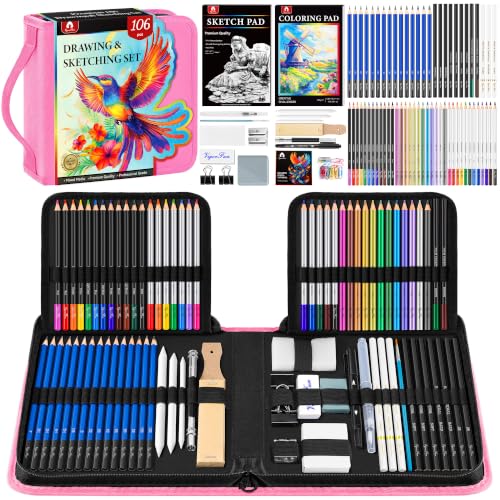 106 PCS Art Supplies Sketching Kit, Pro Drawing Pencils with 3-Color Sketchbook, Coloring Book, Colored Graphite Charcoal Watercolor & Metallic Pencils, Drawing Supplies Gifts for Artists Adults - color: Pink, size: 106 Pack