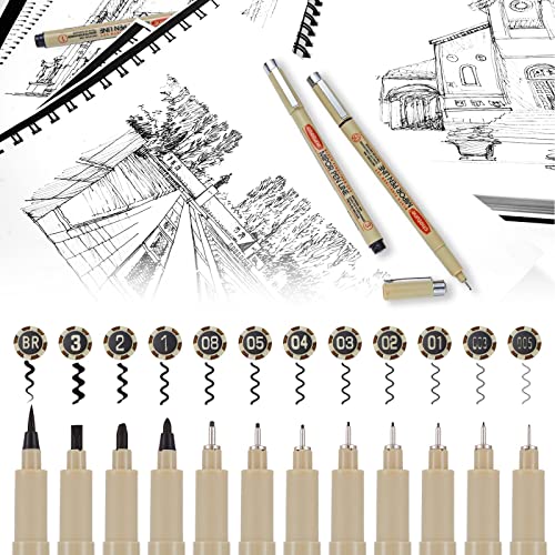 Micro Fineliner Drawing Art Pens: 12 Black Fine Line Waterproof Ink Set Artist Supplies Archival Inking Markers Liner Professional Sketch Outline Anime Sketching Artist Illustration Watercolor