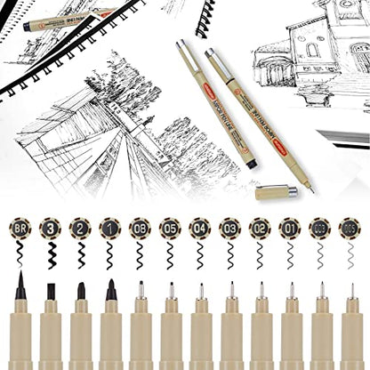 Micro Fineliner Drawing Art Pens: 12 Black Fine Line Waterproof Ink Set Artist Supplies Archival Inking Markers Liner Professional Sketch Outline Anime Sketching Artist Illustration Watercolor
