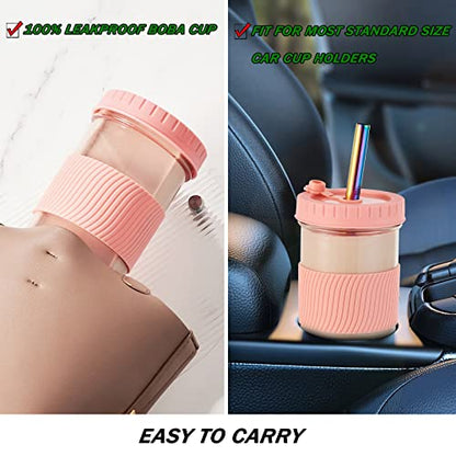 Amyoole 2 Pack Reusable Boba Cup, 24Oz Wide Mouth Smoothie Cup,mason Jar Glass Cups with Lids and Straws,Bubble/Boba Tea Cups,Ice Coffee Tumbler 2 colored straws 1 sponge brush(Pink) - color: Pink