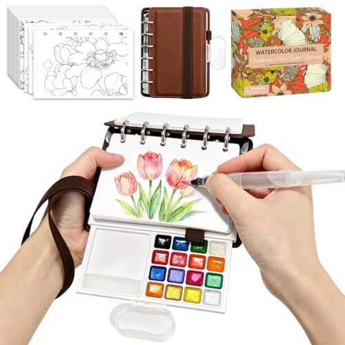 Travel Watercolor Set, 16 Colors Standard (8 Matte & 8 Shimmer), Pocket Paint Set with 30-Sheet 300G Cotton Sketchbook, Detachable Palette, Water Cup & Water Brush, Brown - color: Brown