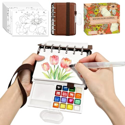 Travel Watercolor Set, 16 Colors Standard (8 Matte & 8 Shimmer), Pocket Paint Set with 30-Sheet 300G Cotton Sketchbook, Detachable Palette, Water Cup & Water Brush, Brown - color: Brown