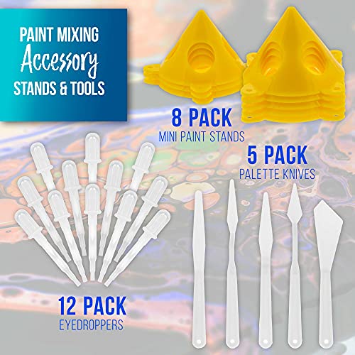 U.S. Art Supply - 1 Quart Floetrol Additive Pouring Supply Paint Medium Deluxe Kit for Mixing, Epoxy, Resin - Silicone Oil,1 and 10 Ounce Plastic Cups, Mini Painting Stands, Sticks, Pallete Knifes