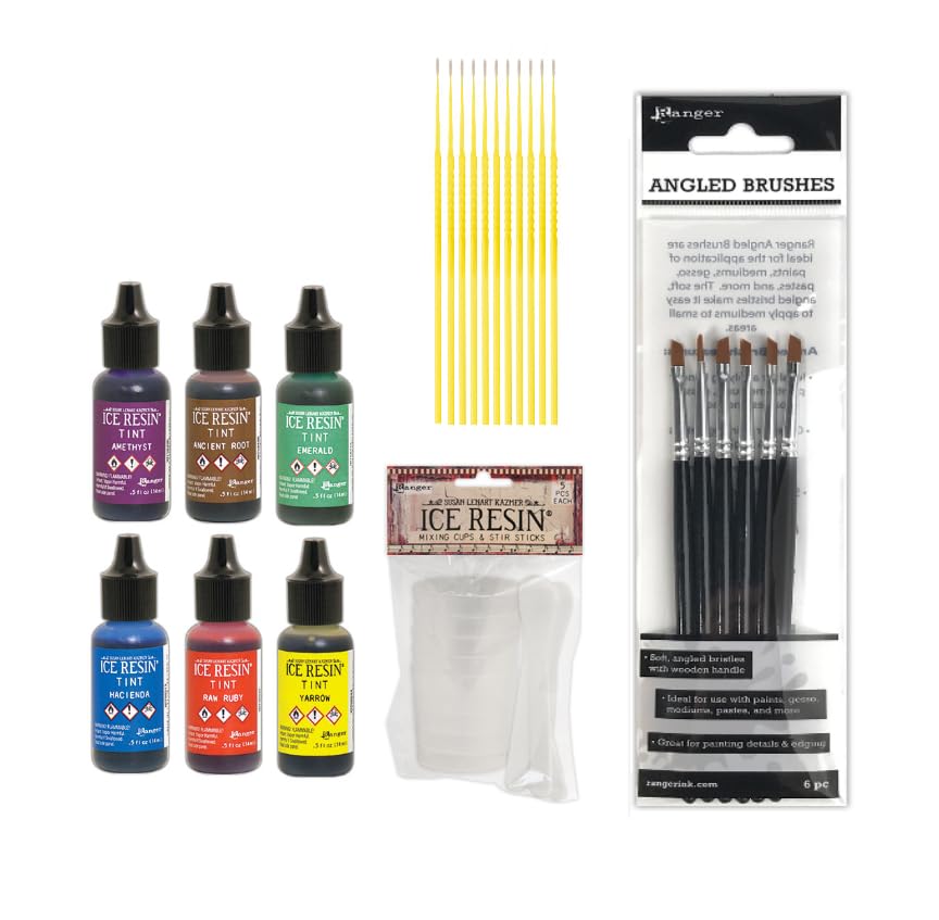 ICE Resin Tint Bundle - 6 Ranger ICE Resin Tints, ICE Resin Mixing Cups and Stir Sticks, and 6 Angled Brushes - with 10 Trebbies Detail Sticks