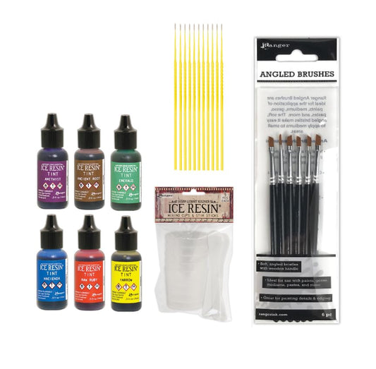 ICE Resin Tint Bundle - 6 Ranger ICE Resin Tints, ICE Resin Mixing Cups and Stir Sticks, and 6 Angled Brushes - with 10 Trebbies Detail Sticks