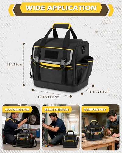 12-Inch Tool Bag with Hard Bottom, Electrician Tool Box Organizer with Detachable Divider, Multi-Purpose Work Tote for Mechanics, Carpenters, Plumbers, Black